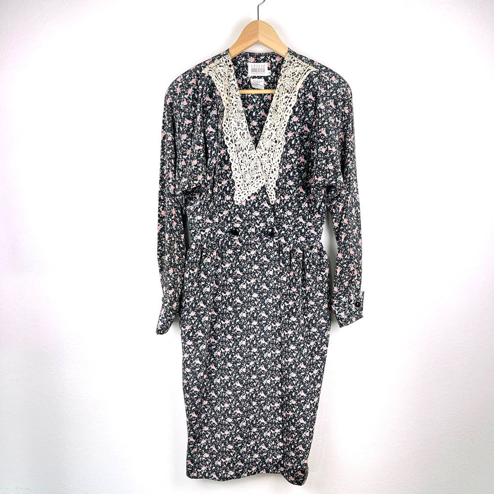 Vintage Leslie Fay Cottagecore Prairie Dress Lace Neckline Floral Women's Small